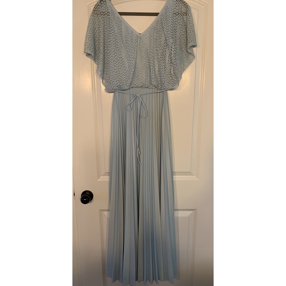 Vintage Blue 70s Maxi Dress Lace Overlay Flutter Wedding Ruffled Women's 10